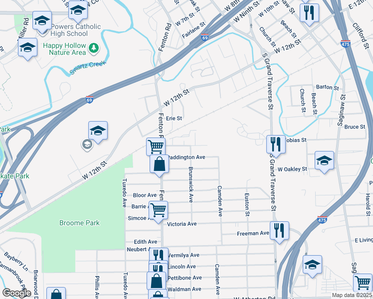 map of restaurants, bars, coffee shops, grocery stores, and more near 868 Lexington Avenue in Flint
