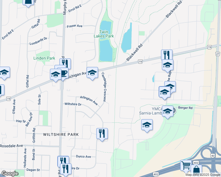 map of restaurants, bars, coffee shops, grocery stores, and more near 305 Newton Court in Sarnia