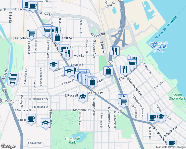 map of restaurants, bars, coffee shops, grocery stores, and more near 2521 South Logan Avenue in Milwaukee