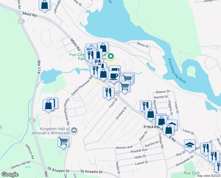 map of restaurants, bars, coffee shops, grocery stores, and more near 594 Mast Road in Manchester