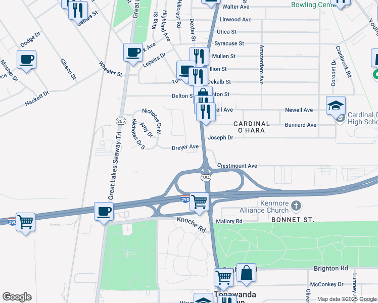 map of restaurants, bars, coffee shops, grocery stores, and more near 13 Winkler Drive in Tonawanda