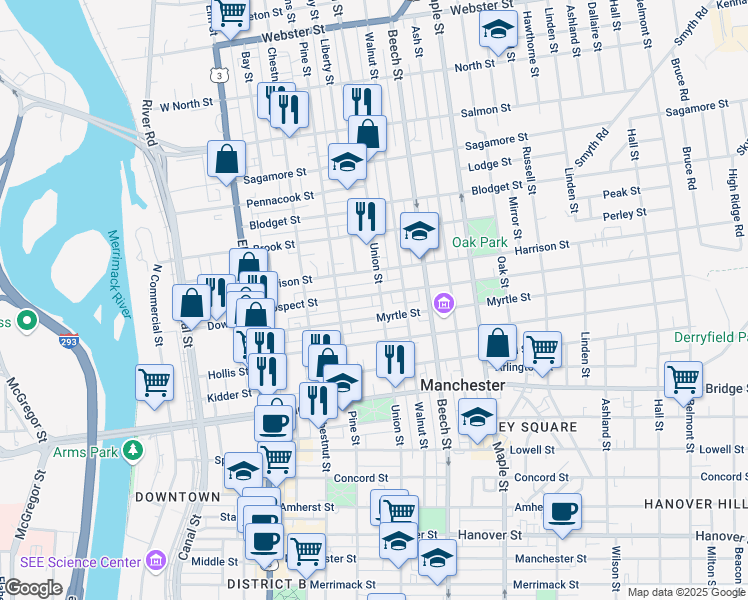 map of restaurants, bars, coffee shops, grocery stores, and more near 694 Union Street in Manchester