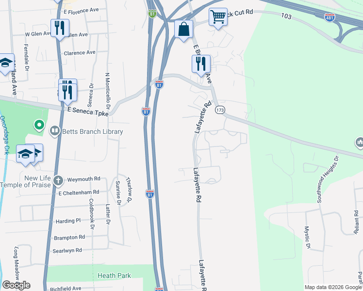 map of restaurants, bars, coffee shops, grocery stores, and more near 170 Lafayette Road in Syracuse