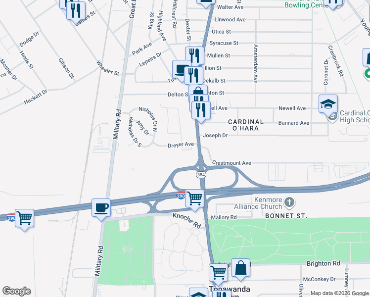 map of restaurants, bars, coffee shops, grocery stores, and more near 13 Winkler Drive in Tonawanda