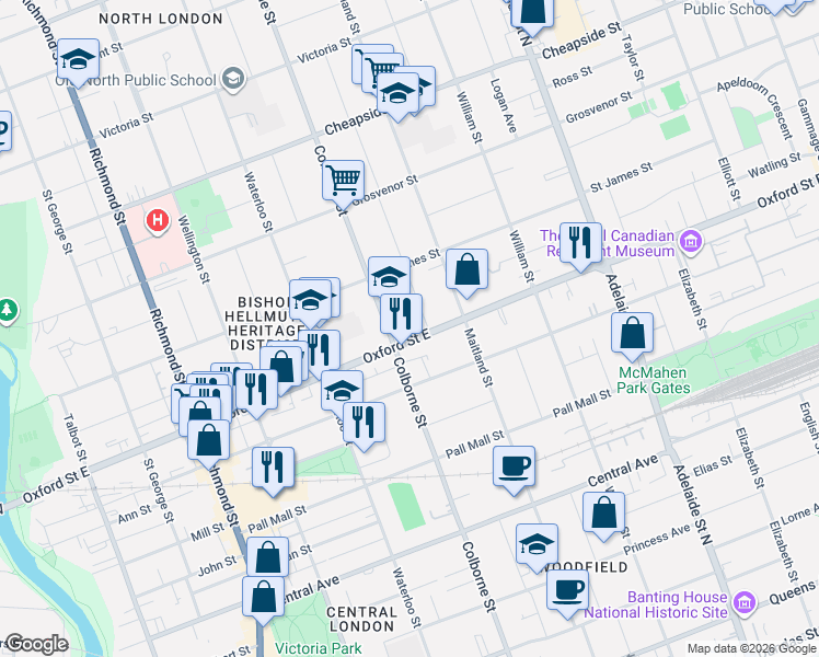 map of restaurants, bars, coffee shops, grocery stores, and more near in London