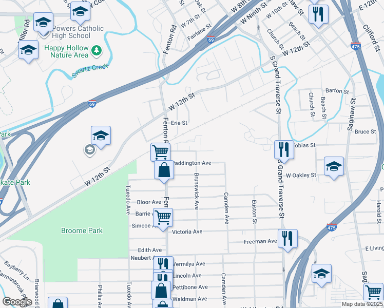 map of restaurants, bars, coffee shops, grocery stores, and more near 868 Lexington Avenue in Flint