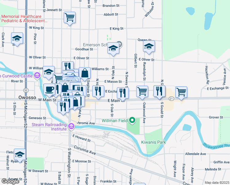 map of restaurants, bars, coffee shops, grocery stores, and more near 215 North Oak Street in Owosso
