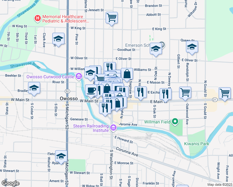 map of restaurants, bars, coffee shops, grocery stores, and more near 120 East Mason Street in Owosso