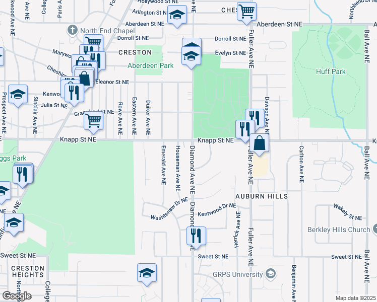 map of restaurants, bars, coffee shops, grocery stores, and more near in Grand Rapids