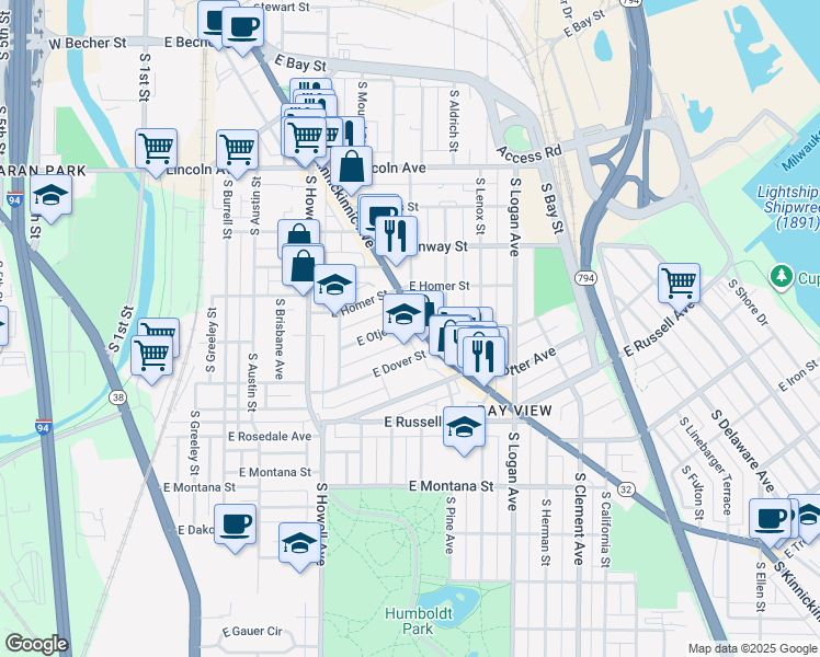 map of restaurants, bars, coffee shops, grocery stores, and more near 2513 South Kinnickinnic Avenue in Milwaukee