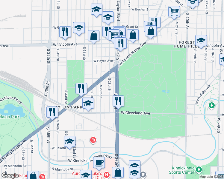map of restaurants, bars, coffee shops, grocery stores, and more near 2517 South 28th Street in Milwaukee