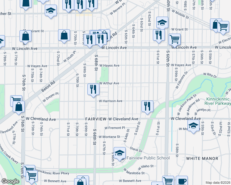 map of restaurants, bars, coffee shops, grocery stores, and more near 2505 South 66th Street in West Allis