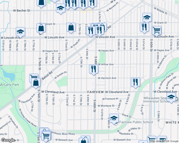 map of restaurants, bars, coffee shops, grocery stores, and more near 6845 West Arthur Avenue in West Allis