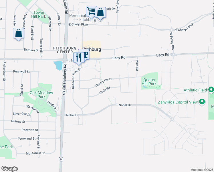 map of restaurants, bars, coffee shops, grocery stores, and more near 5467 Quarry Hill Drive in Fitchburg