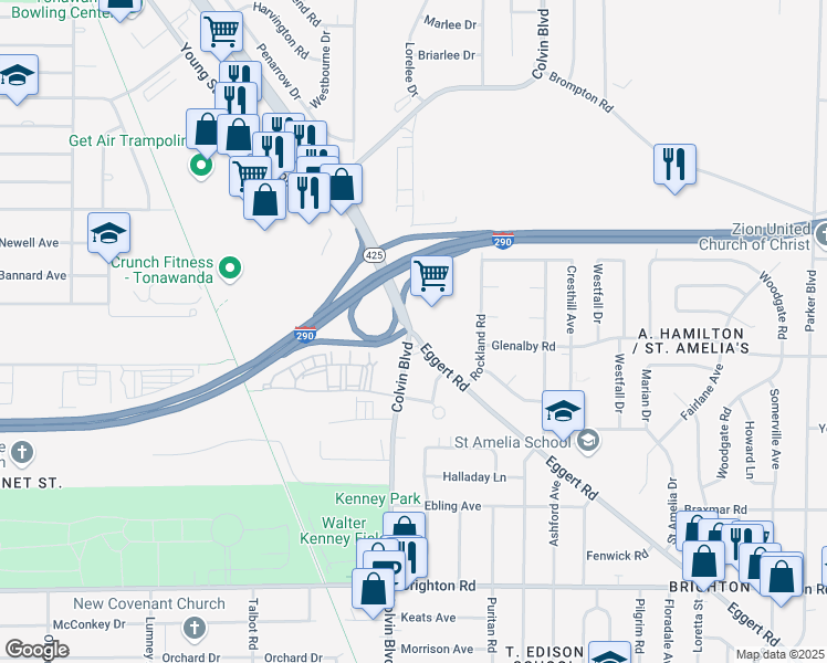 map of restaurants, bars, coffee shops, grocery stores, and more near 2309 Colvin Boulevard in Tonawanda