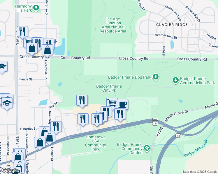 map of restaurants, bars, coffee shops, grocery stores, and more near 4654 Maple Grove Drive in Verona