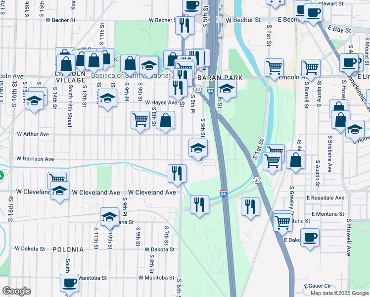 map of restaurants, bars, coffee shops, grocery stores, and more near 551 West Arthur Avenue in Milwaukee