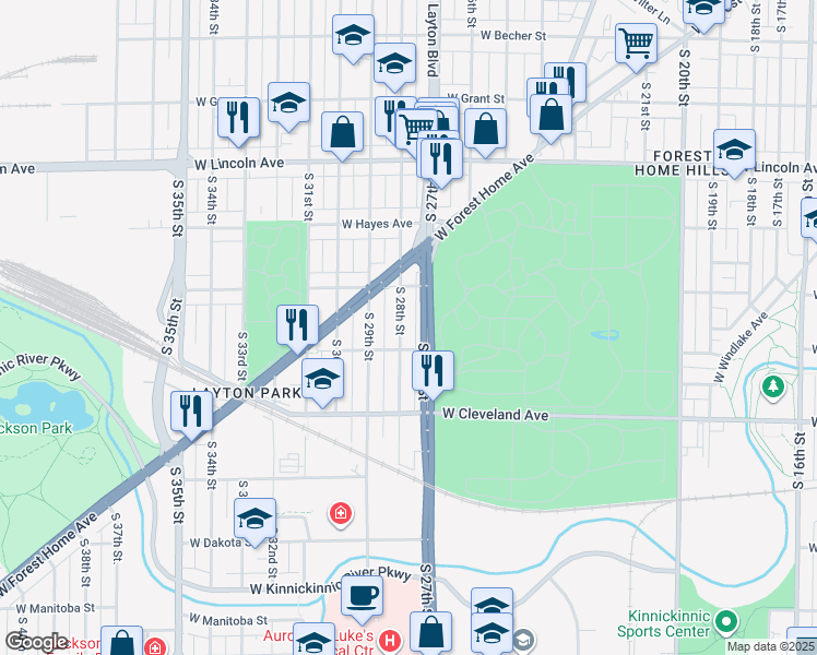 map of restaurants, bars, coffee shops, grocery stores, and more near 2517 South 28th Street in Milwaukee
