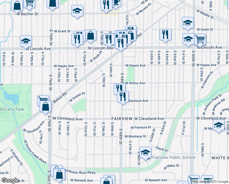 map of restaurants, bars, coffee shops, grocery stores, and more near 6845 West Arthur Avenue in West Allis