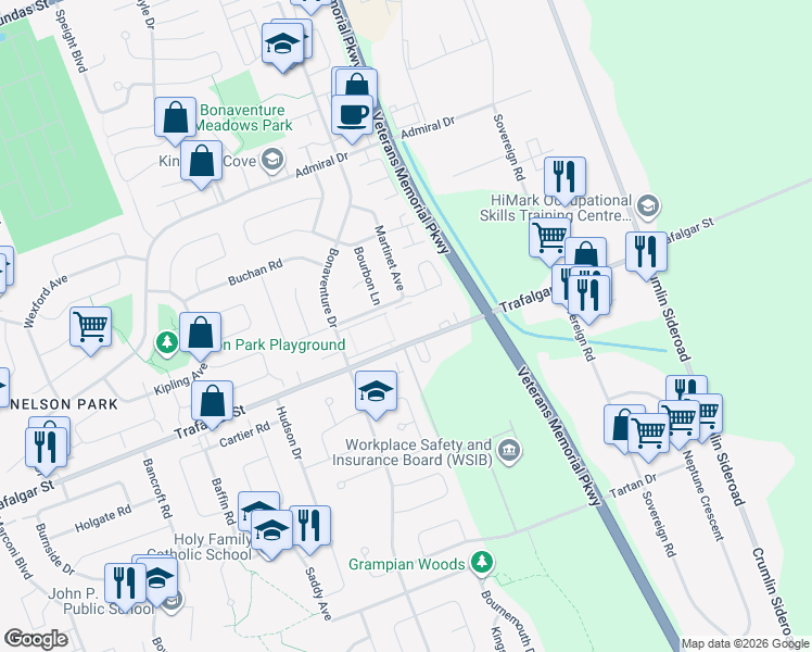 map of restaurants, bars, coffee shops, grocery stores, and more near 2228 Trafalgar Street in London