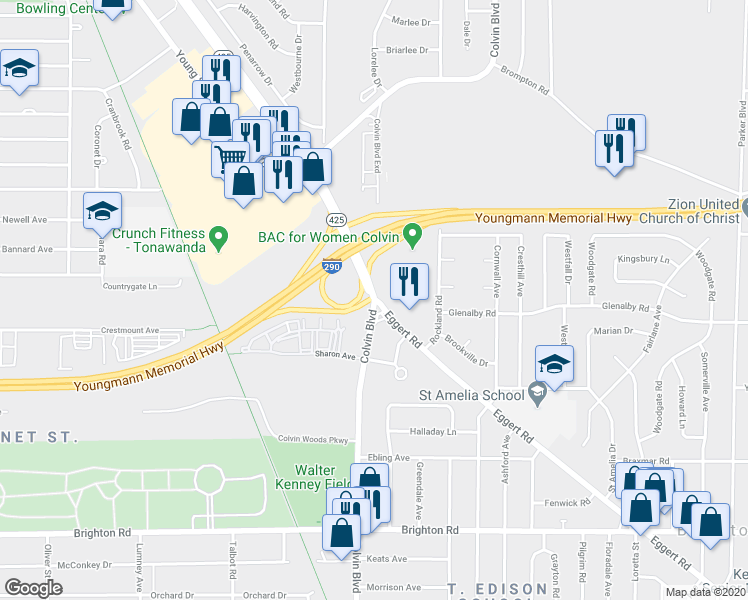 map of restaurants, bars, coffee shops, grocery stores, and more near 2304 Colvin Boulevard in Tonawanda