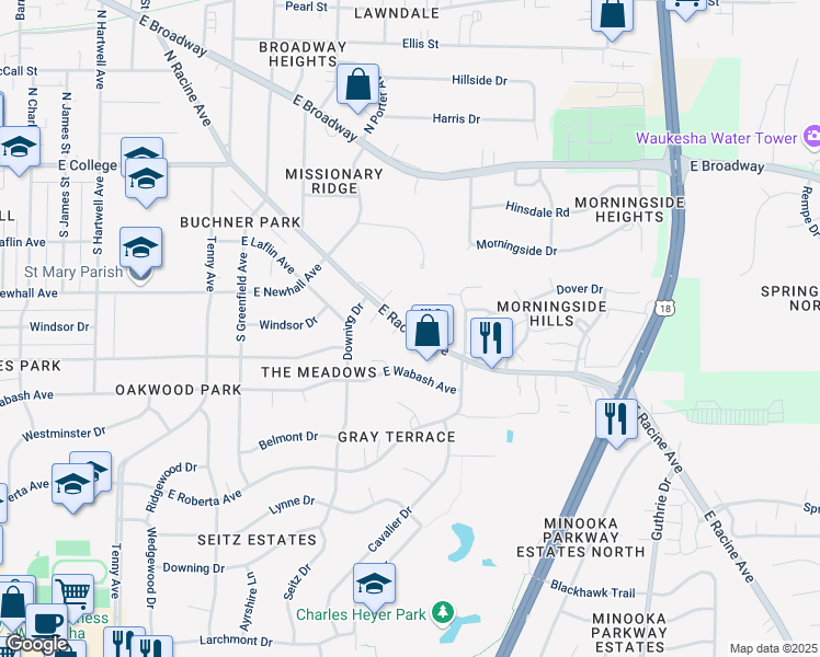 map of restaurants, bars, coffee shops, grocery stores, and more near 1422 East Racine Avenue in Waukesha
