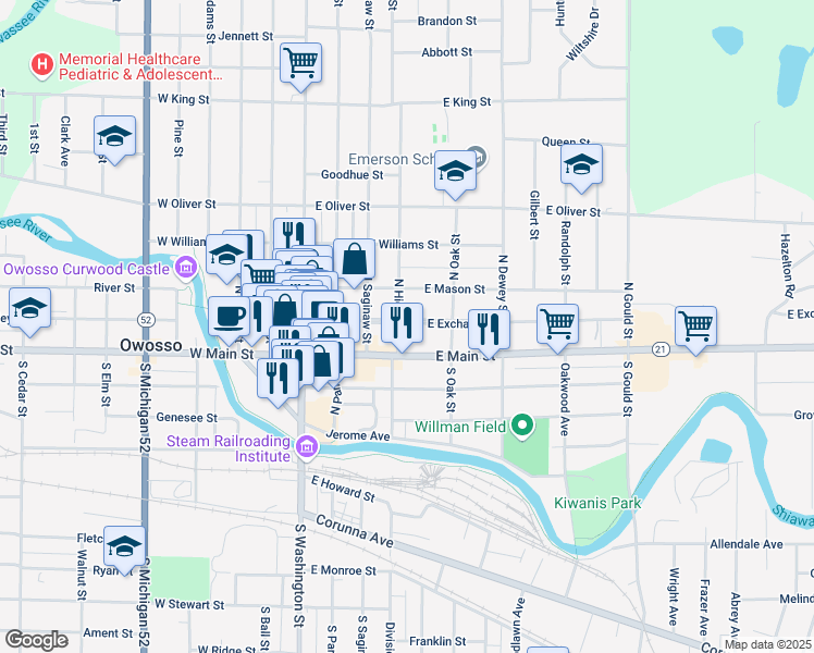 map of restaurants, bars, coffee shops, grocery stores, and more near 216 North Hickory Street in Owosso