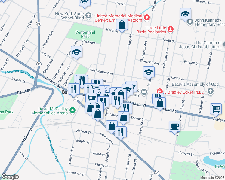 map of restaurants, bars, coffee shops, grocery stores, and more near 16 Bank Street in Batavia