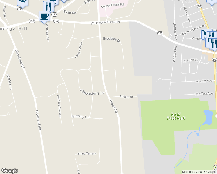 map of restaurants, bars, coffee shops, grocery stores, and more near 4670 Broad Road in Syracuse