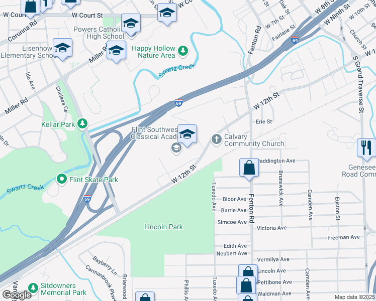 map of restaurants, bars, coffee shops, grocery stores, and more near 1420 West 12th Street in Flint