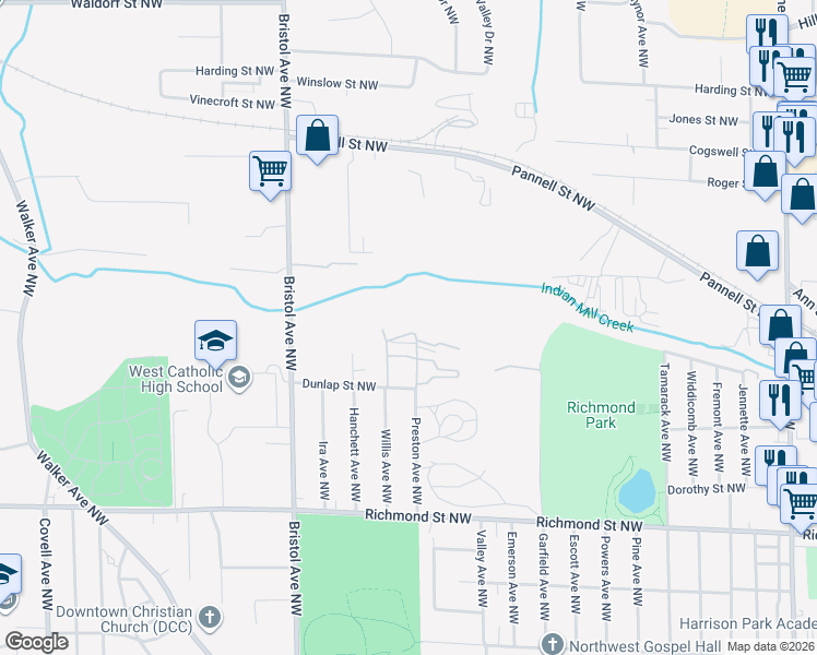 map of restaurants, bars, coffee shops, grocery stores, and more near 1421 Preston Ridge Street Northwest in Grand Rapids