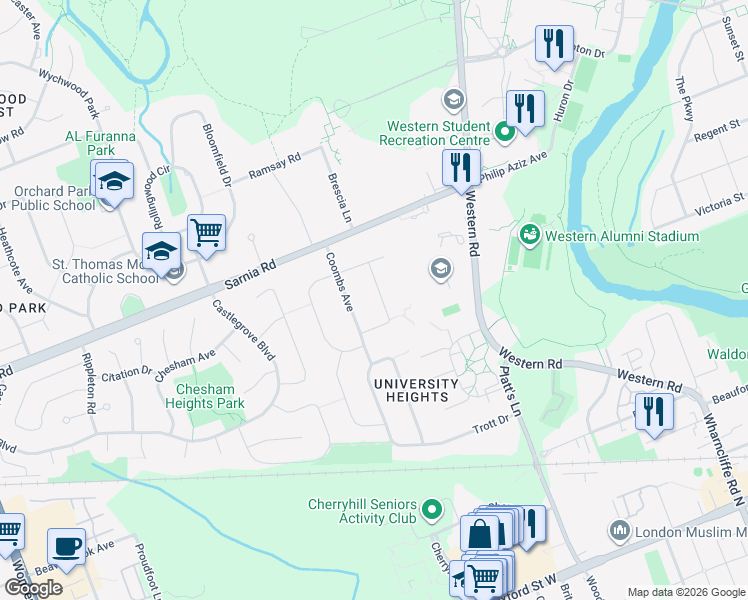 map of restaurants, bars, coffee shops, grocery stores, and more near 44 Ford Crescent in London