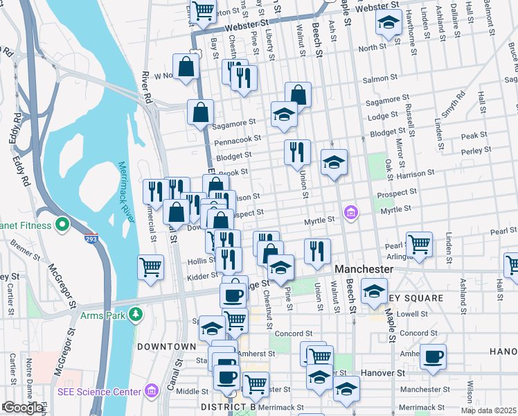 map of restaurants, bars, coffee shops, grocery stores, and more near 597 Chestnut Street in Manchester