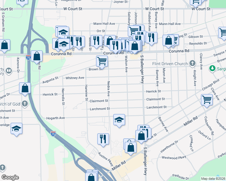 map of restaurants, bars, coffee shops, grocery stores, and more near 3918 Arlene Avenue in Flint