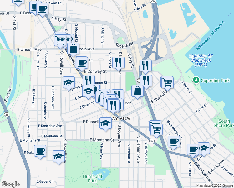 map of restaurants, bars, coffee shops, grocery stores, and more near 2521 South Logan Avenue in Milwaukee