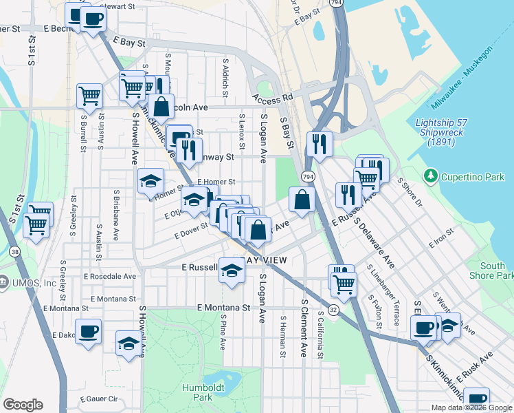 map of restaurants, bars, coffee shops, grocery stores, and more near 2521 South Logan Avenue in Milwaukee