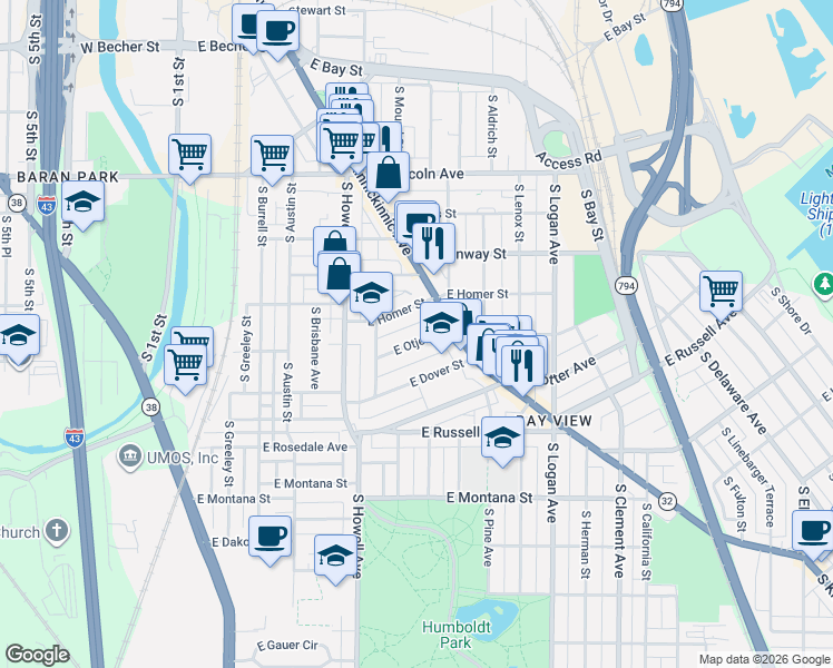 map of restaurants, bars, coffee shops, grocery stores, and more near 2513 South Kinnickinnic Avenue in Milwaukee