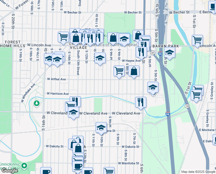 map of restaurants, bars, coffee shops, grocery stores, and more near 2505 South 9th Place in Milwaukee