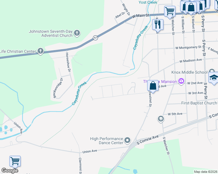 map of restaurants, bars, coffee shops, grocery stores, and more near W Madison Ave Ext in Johnstown