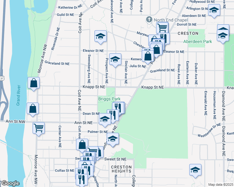 map of restaurants, bars, coffee shops, grocery stores, and more near 418 Knapp Street Northeast in Grand Rapids