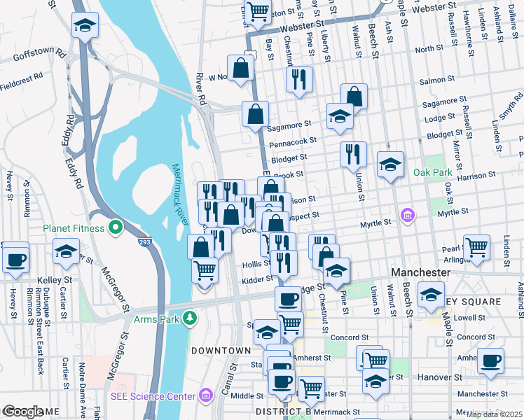 map of restaurants, bars, coffee shops, grocery stores, and more near 1426 Elm Street in Manchester