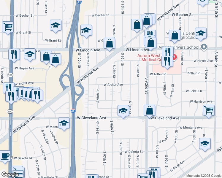 map of restaurants, bars, coffee shops, grocery stores, and more near 9526 West Arthur Avenue in West Allis