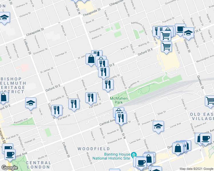 map of restaurants, bars, coffee shops, grocery stores, and more near 724 Adelaide Street North in London