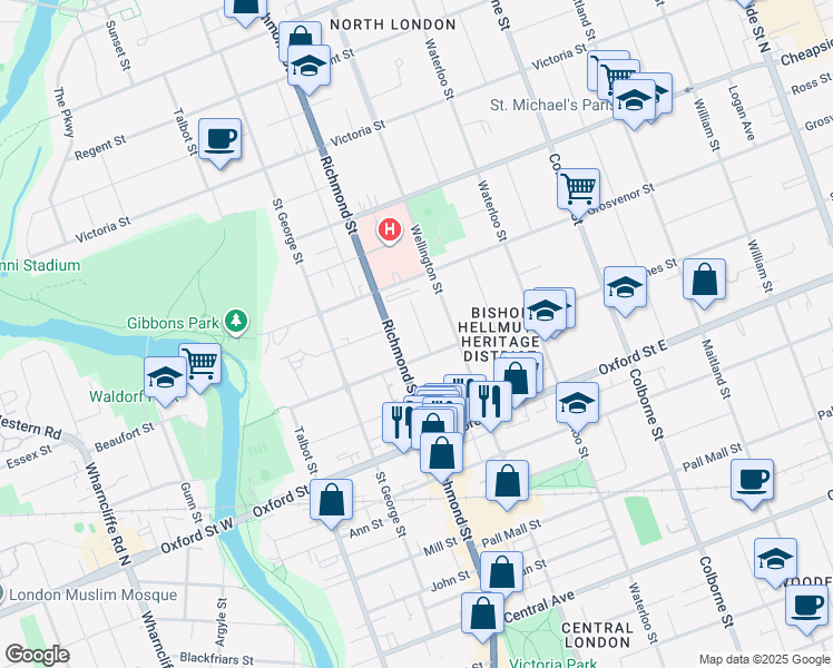 map of restaurants, bars, coffee shops, grocery stores, and more near 21 Alma Street in London