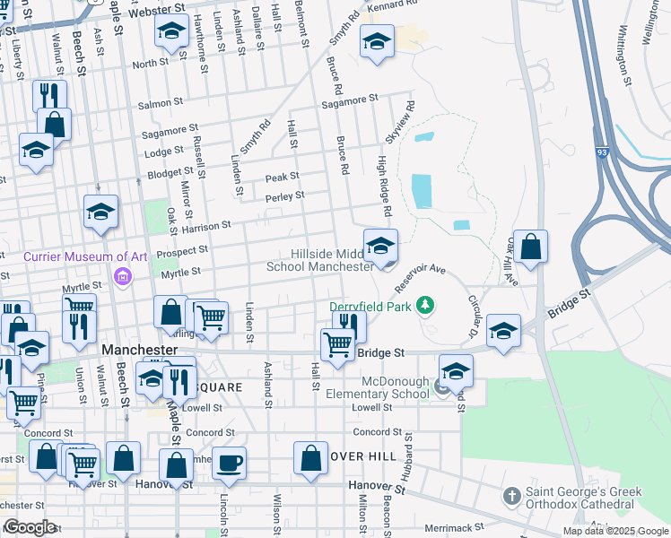 map of restaurants, bars, coffee shops, grocery stores, and more near 390 Orange Street in Manchester