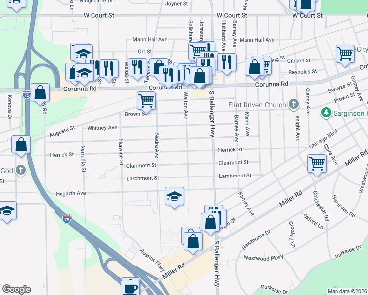 map of restaurants, bars, coffee shops, grocery stores, and more near 3809 Arlene Avenue in Flint