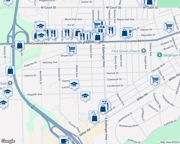 map of restaurants, bars, coffee shops, grocery stores, and more near 3809 Arlene Avenue in Flint