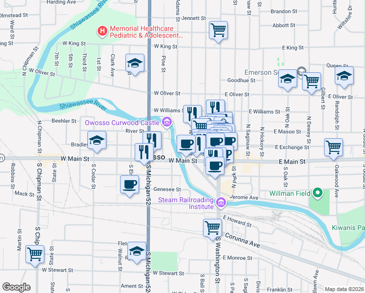 map of restaurants, bars, coffee shops, grocery stores, and more near 219 North Water Street in Owosso