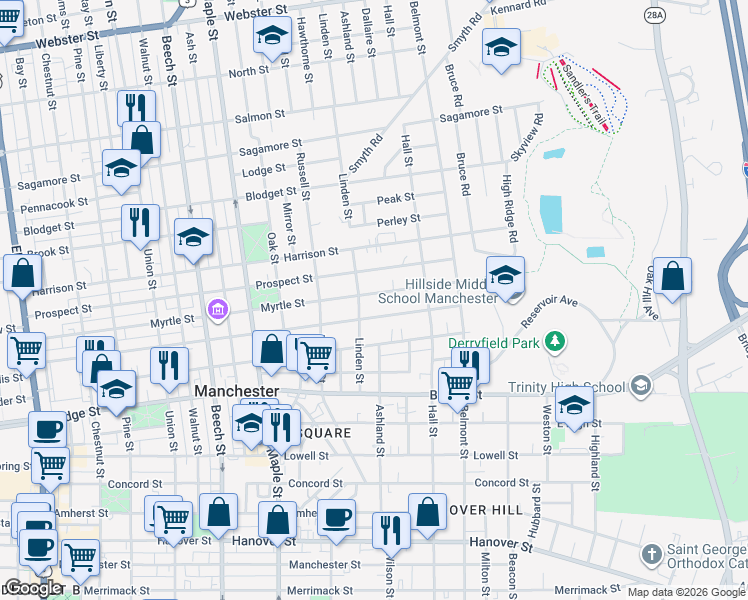 map of restaurants, bars, coffee shops, grocery stores, and more near 316 Myrtle Street in Manchester