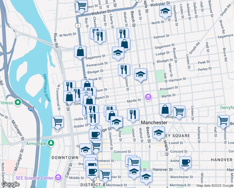 map of restaurants, bars, coffee shops, grocery stores, and more near 73 Harrison Street in Manchester